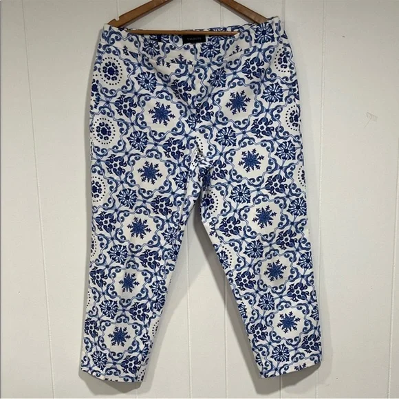 Talbots Blue White Porcelain Tile Print Cropped Ankle Pants Stretch Slim Fit XL - Picture 2 of 13